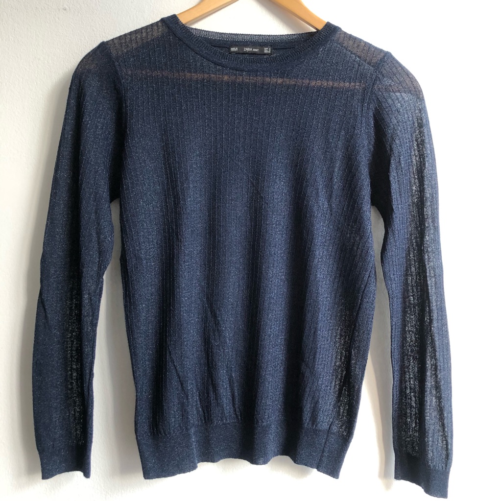 Zara Knit Navy Sheer Top With A Shimmer